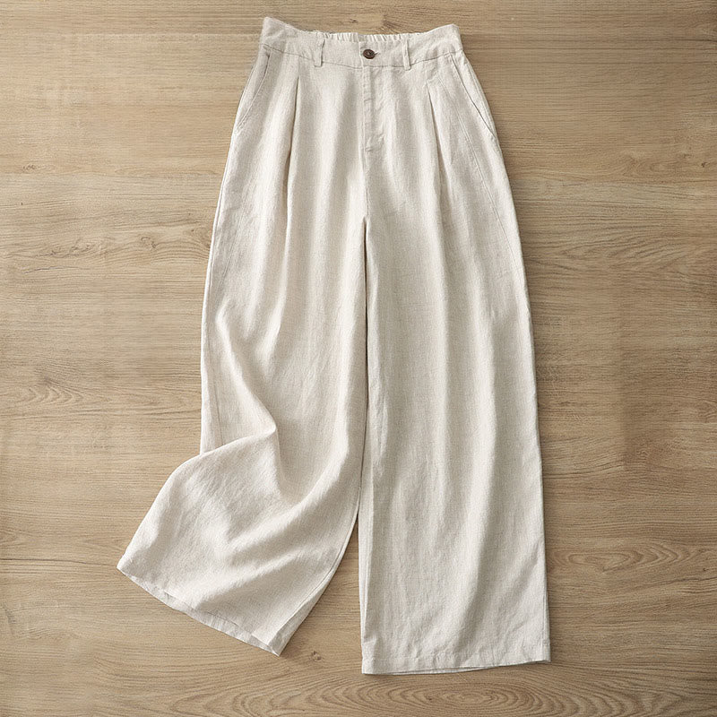 Buddha Stones Solid Color Cotton Women's Button Wide Leg Pants With Pockets - Beige - US8-10，UK/AU12-14，EU40-42 (2XL) - image 34