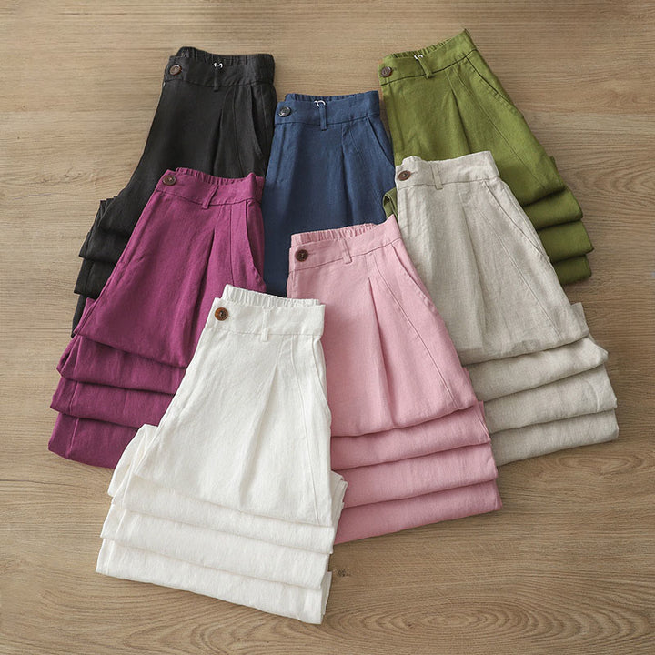 Buddha Stones Solid Color Cotton Women's Button Wide Leg Pants With Pockets - image 38