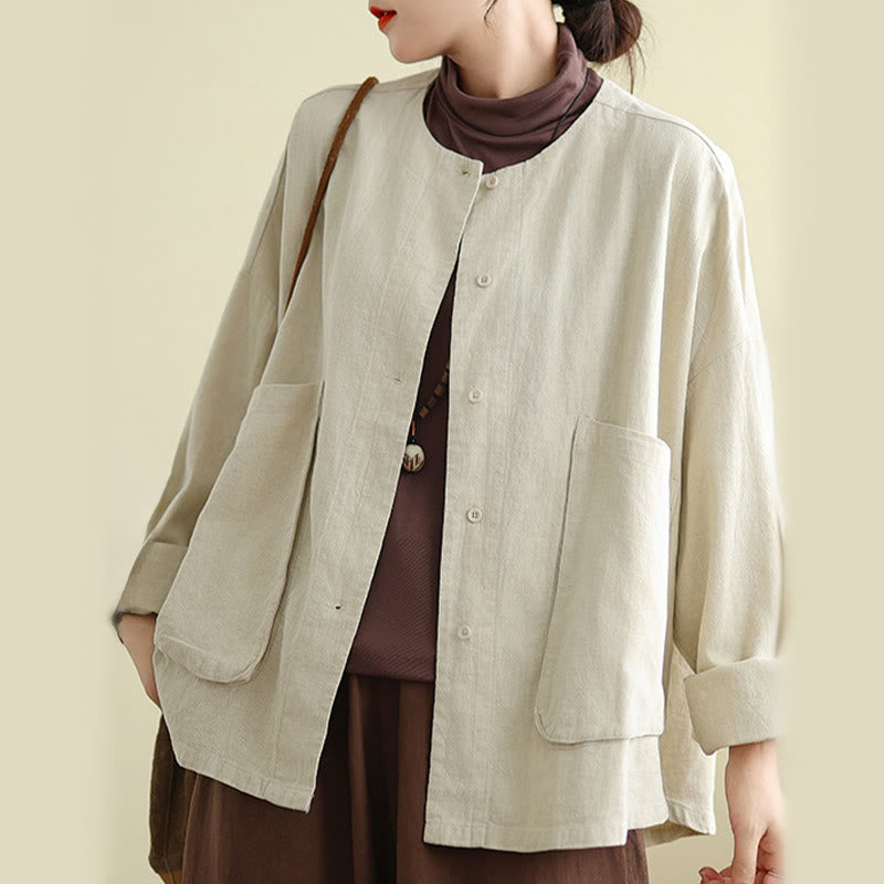 Buddha Stones Women's Long Sleeve Crew Neck Cotton Jacket With Pockets - image 4