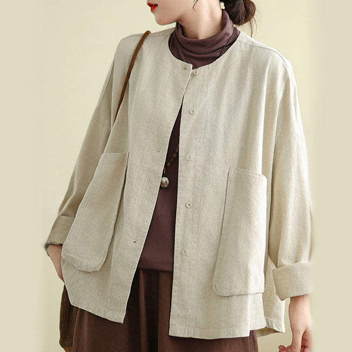 Buddha Stones Women's Long Sleeve Crew Neck Cotton Jacket With Pockets - image 4