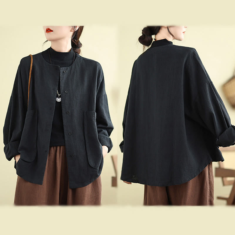 Buddha Stones Women's Long Sleeve Crew Neck Cotton Jacket With Pockets - image 14