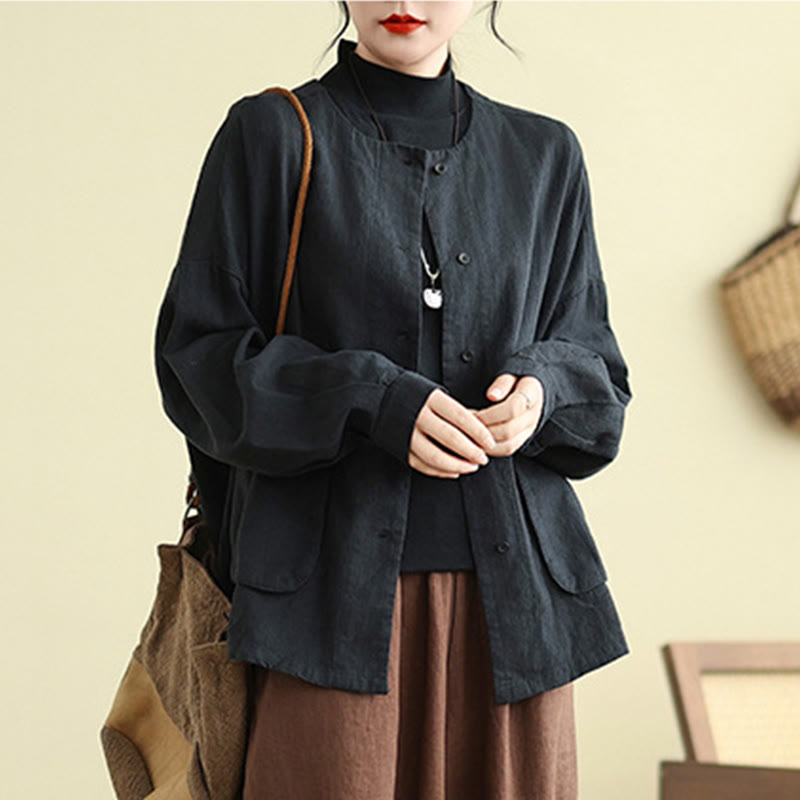 Buddha Stones Women's Long Sleeve Crew Neck Cotton Jacket With Pockets - image 11