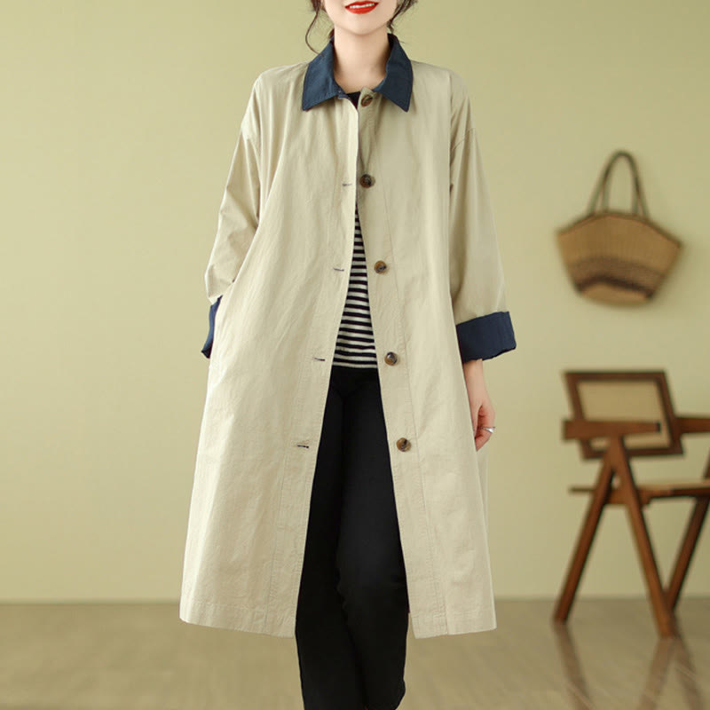 Buddha Stones Splicing Color Buttons Women's Cotton Coat With Pockets - Beige - US12，UK/AU16，EU44 (XL) - image 0