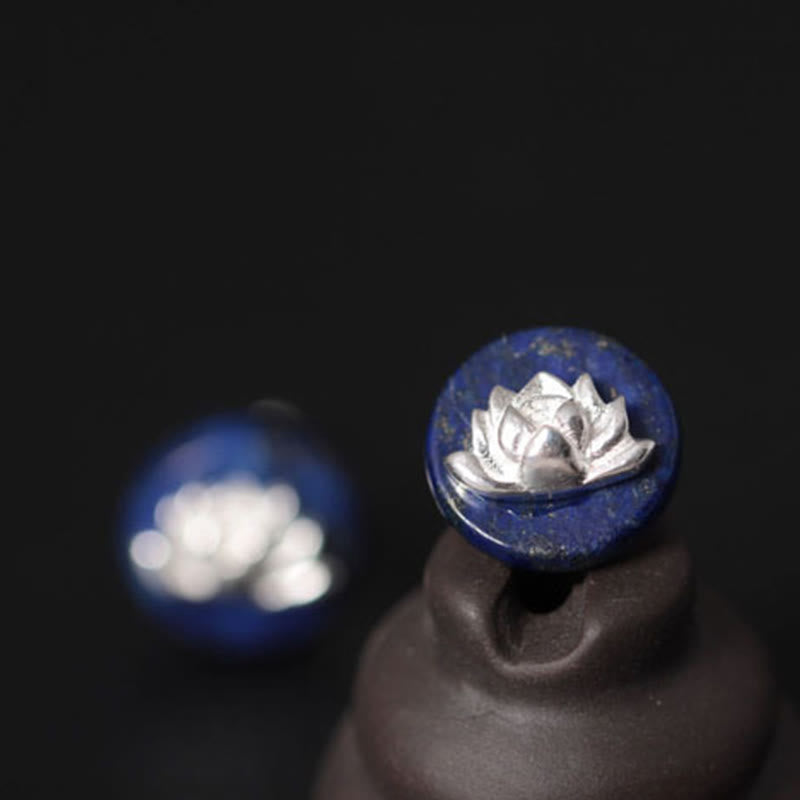 Buddha Stones Lazurite Lapis Lazuli 925 Sterling Silver Lotus Pattern Enlightenment Earrings - image 9