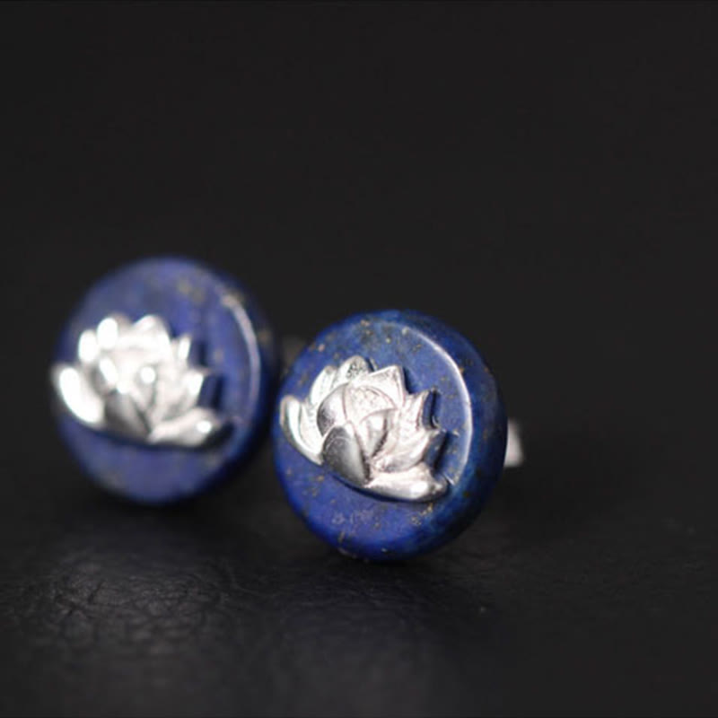 Buddha Stones Lazurite 925 Sterling Silver Lotus Pattern Enlightenment Earrings  - image 1