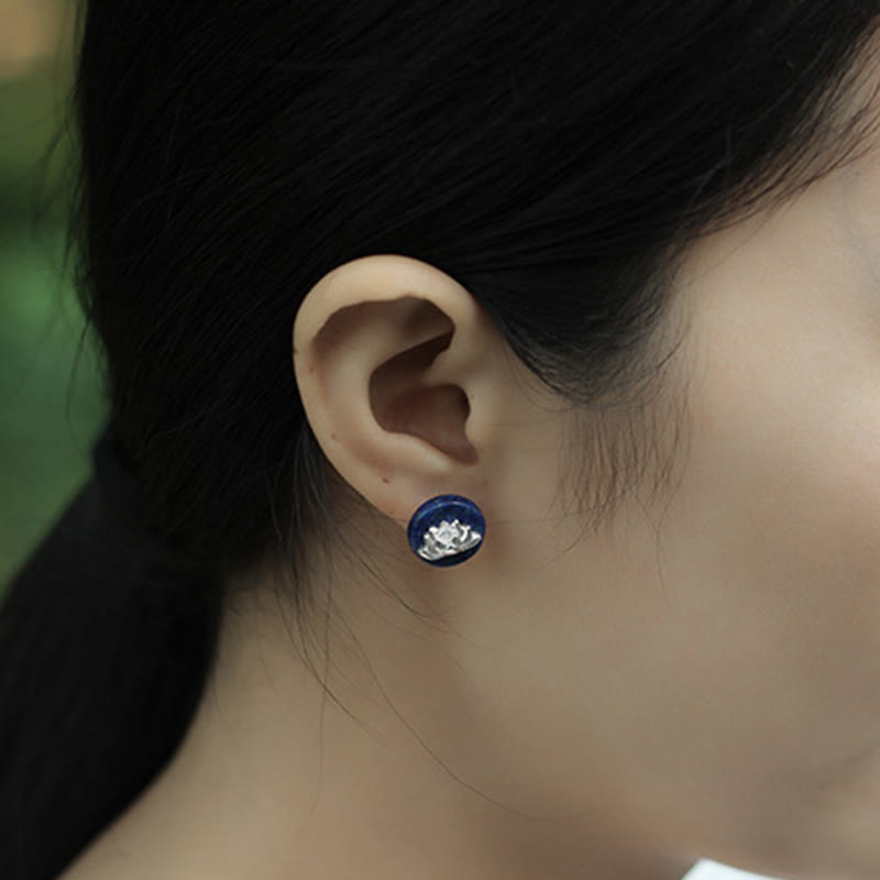 Buddha Stones Lazurite Lapis Lazuli 925 Sterling Silver Lotus Pattern Enlightenment Earrings - image 4
