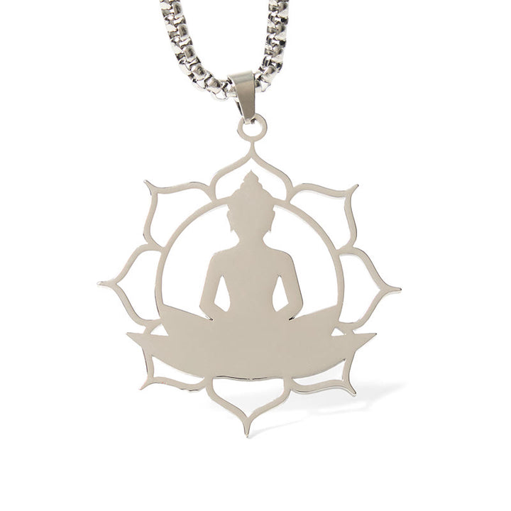 Buddha Stones Vintage Lotus Sitting Buddha Design Stainless Steel Enlightenment Necklace Pendant - image 13