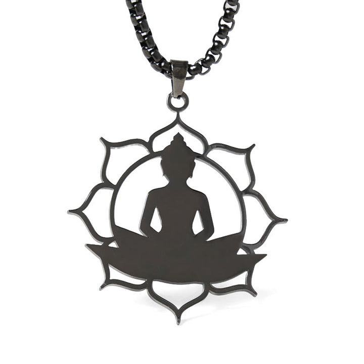 Buddha Stones Vintage Lotus Sitting Buddha Design Stainless Steel Enlightenment Necklace Pendant - image 18