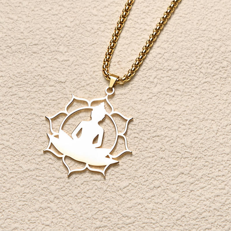 Buddha Stones Vintage Lotus Sitting Buddha Design Stainless Steel Enlightenment Necklace Pendant - image 1