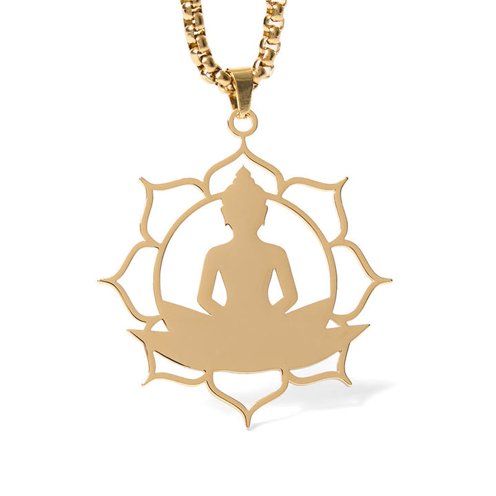 Buddha Stones Vintage Lotus Sitting Buddha Design Stainless Steel Enlightenment Necklace Pendant - image 5