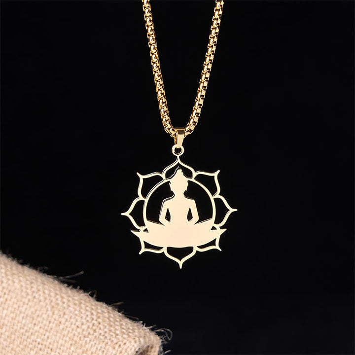 Buddha Stones Vintage Lotus Sitting Buddha Design Stainless Steel Enlightenment Necklace Pendant - image 3