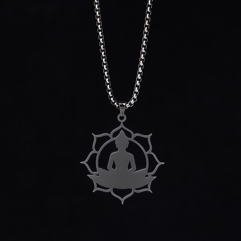 Buddha Stones Vintage Lotus Sitting Buddha Design Stainless Steel Enlightenment Necklace Pendant - image 17