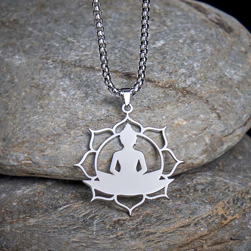 Buddha Stones Vintage Lotus Sitting Buddha Design Stainless Steel Enlightenment Necklace Pendant - Silver - image 8