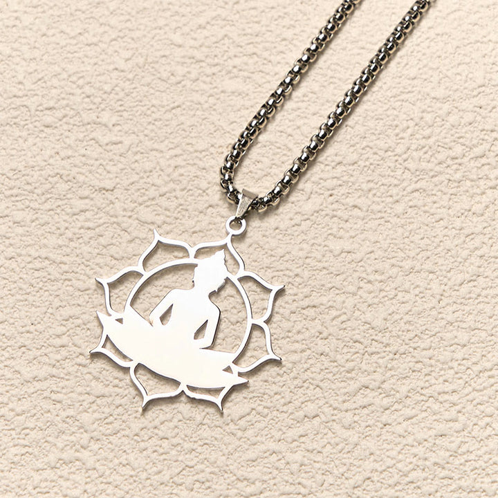 Buddha Stones Vintage Lotus Sitting Buddha Design Stainless Steel Enlightenment Necklace Pendant - image 9