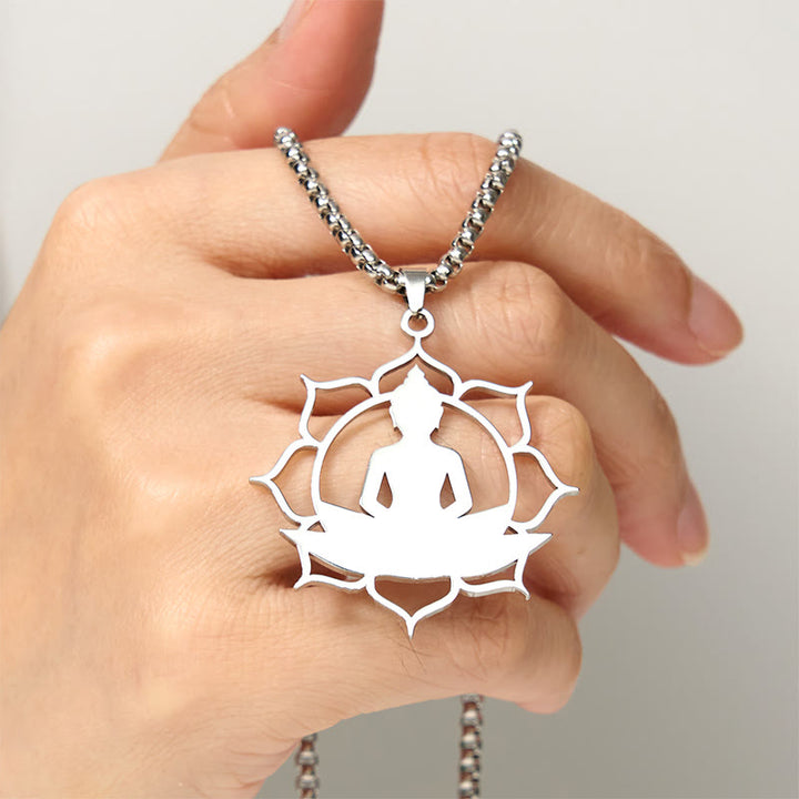 Buddha Stones Vintage Lotus Sitting Buddha Design Stainless Steel Enlightenment Necklace Pendant - image 12