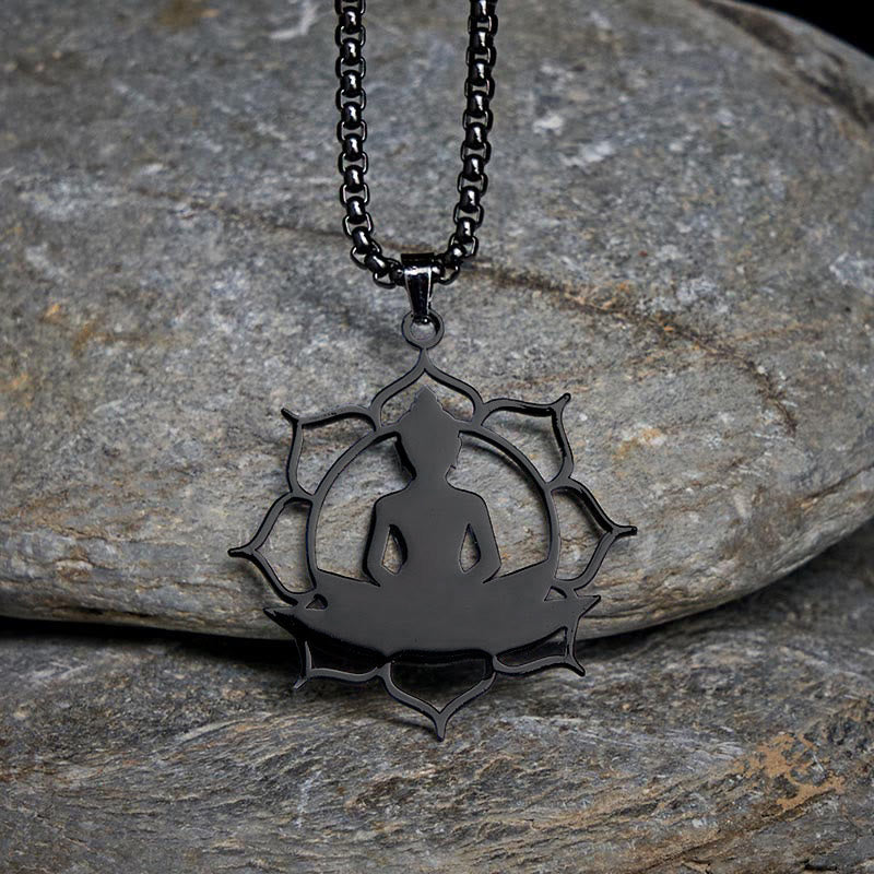 Buddha Stones Vintage Lotus Sitting Buddha Design Stainless Steel Enlightenment Necklace Pendant - Black - image 14