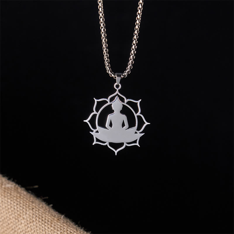 Buddha Stones Vintage Lotus Sitting Buddha Design Stainless Steel Enlightenment Necklace Pendant - image 11