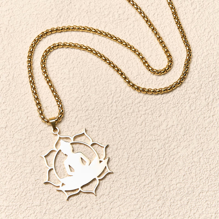Buddha Stones Vintage Lotus Sitting Buddha Design Stainless Steel Enlightenment Necklace Pendant - image 2