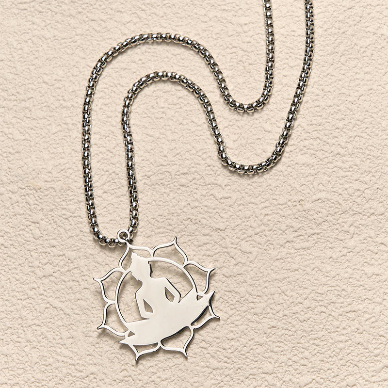 Buddha Stones Vintage Lotus Sitting Buddha Design Stainless Steel Enlightenment Necklace Pendant - image 10