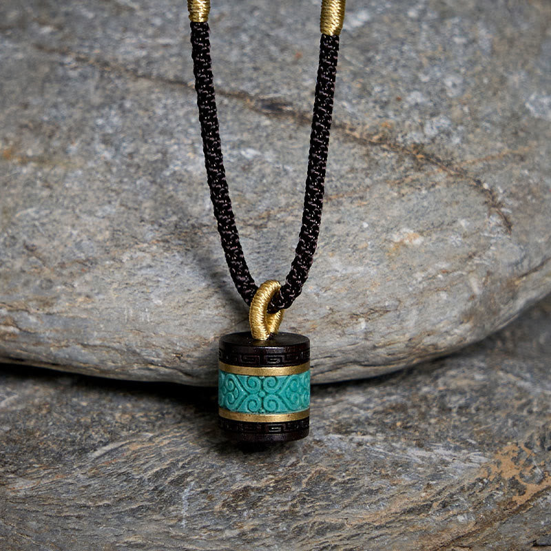 Buddha Stones Ebony Wood Turquoise Cylinder Peace Necklace Pendant - image 1