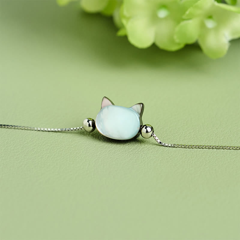 Buddha Stones 925 Sterling Silver Tridacna Stone Cat Head Blessing Chain Bracelet - image 2