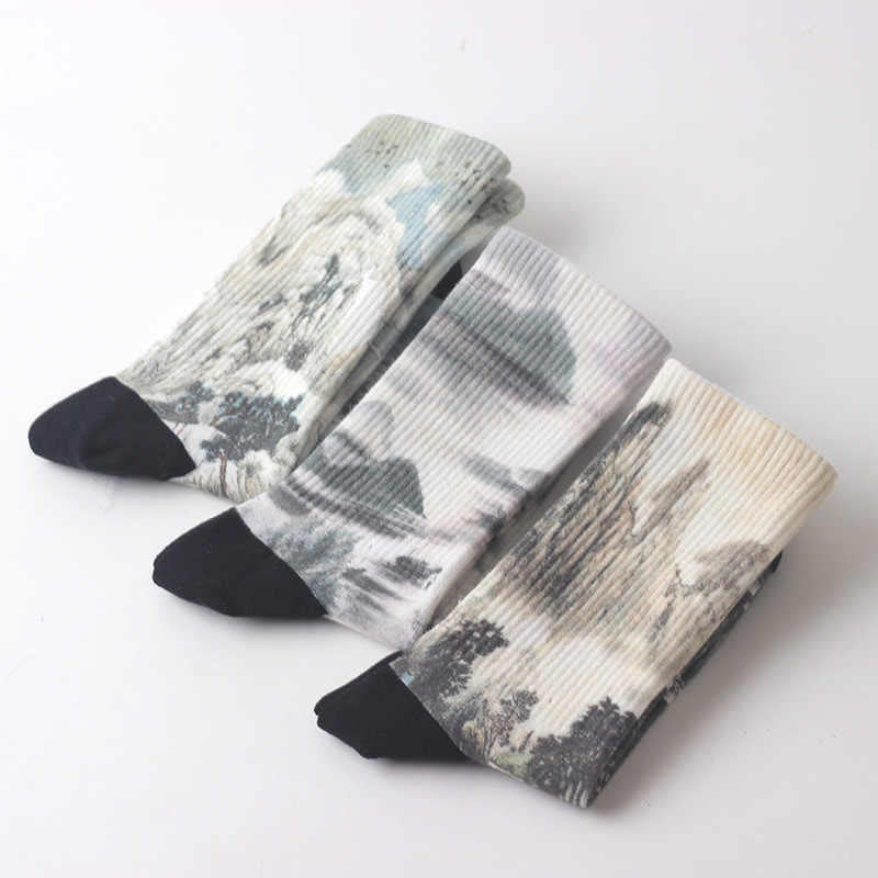 Buddha Stones Chinese Ink Painting Landscape Pattern Micro Crew Three Pairs Men Women Unisex Socks - image 1