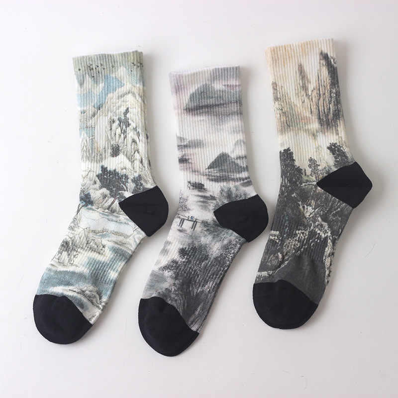 Buddha Stones Chinese Ink Painting Landscape Pattern Micro Crew Three Pairs Men Women Unisex Socks - Color Splash Three Pairs Socks - One Size Fits Most (US5.5–10，EU37–42，UK/AU4-9，Asia23.5-26.5cm) - image 0