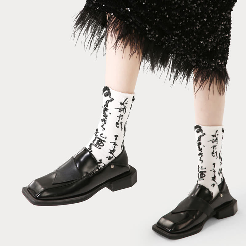 Buddha Stones Chinese Calligraphy Color Matching Pattern Micro Crew Women Cotton Socks - image 6