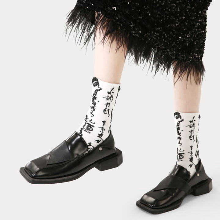 Buddha Stones Chinese Calligraphy Color Matching Pattern Micro Crew Women Cotton Socks - image 6