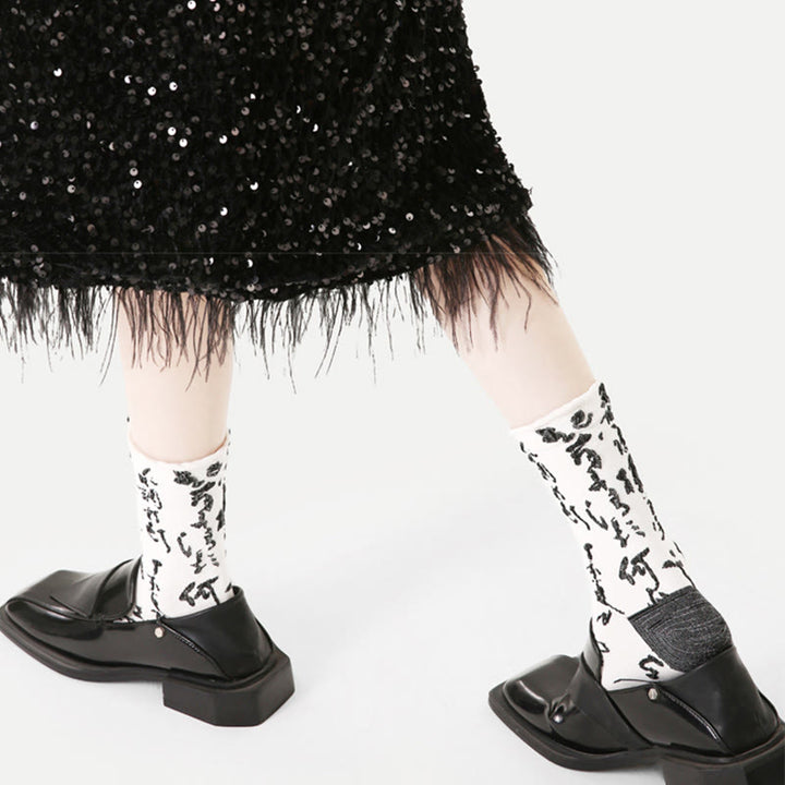 Buddha Stones Chinese Calligraphy Color Matching Pattern Micro Crew Women Cotton Socks - image 8