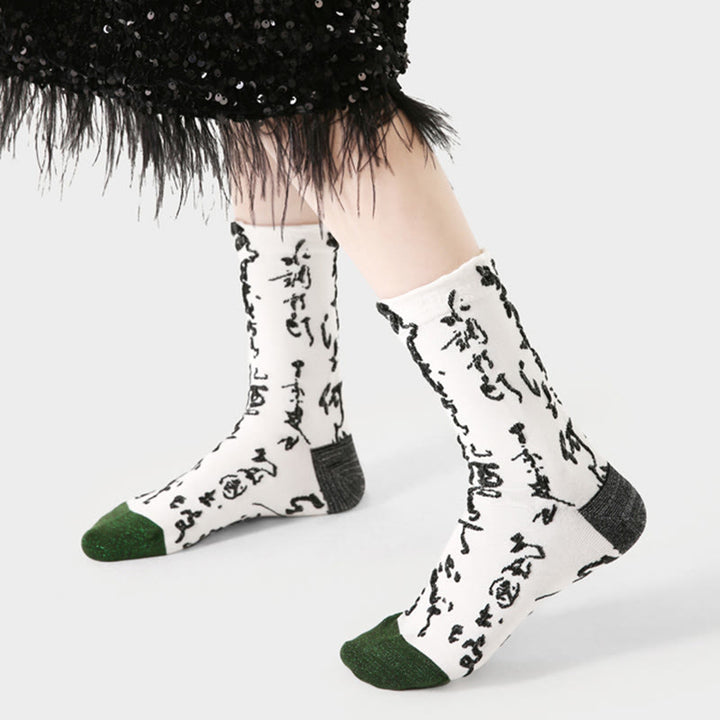 Buddha Stones Chinese Calligraphy Color Matching Pattern Micro Crew Women Cotton Socks - image 3