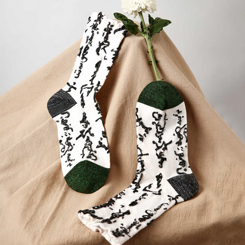 Buddha Stones Chinese Calligraphy Color Matching Pattern Micro Crew Women Cotton Socks - image 2