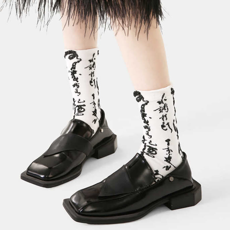 Buddha Stones Chinese Calligraphy Color Matching Pattern Micro Crew Women Cotton Socks - image 5