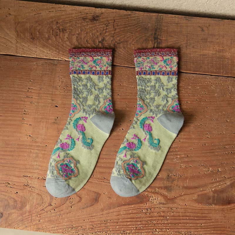 Buddha Stones Retro Embossed Floral Pattern Micro Crew Women Cotton Socks - LightGreen - One Size Fits Most (US4–9，EU34–39，UK/AU2.5-6，Asia22-24.5cm) - image 1
