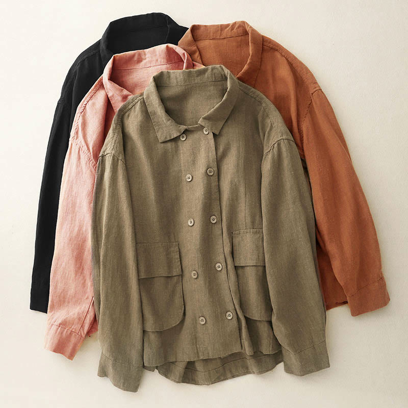 Buddha Stones Double‑Breasted Design Long Sleeve Women's Cotton Jacket With Pockets - image 0