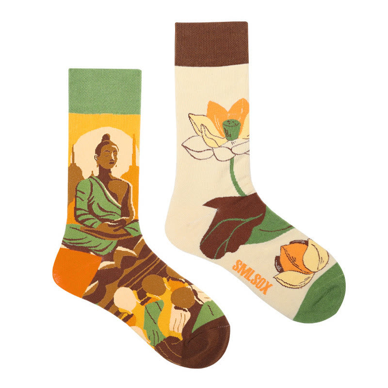 Buddha Stones Casual Meditative Buddha Lotus Dragonfly Micro Crew Women's Socks - Beige - S-M (US 5.5-11.5，EU 36–42，UK/AU 3.5-9，Asia 23–26.5 cm) - image 0