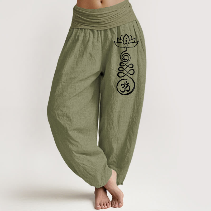 Buddha Stones Plain Lotus Om Pattern Women's Elastic Waist Harem Cotton Pants - OliveDrab - US22，UK/AU26，EU54 (6XL) - image 0