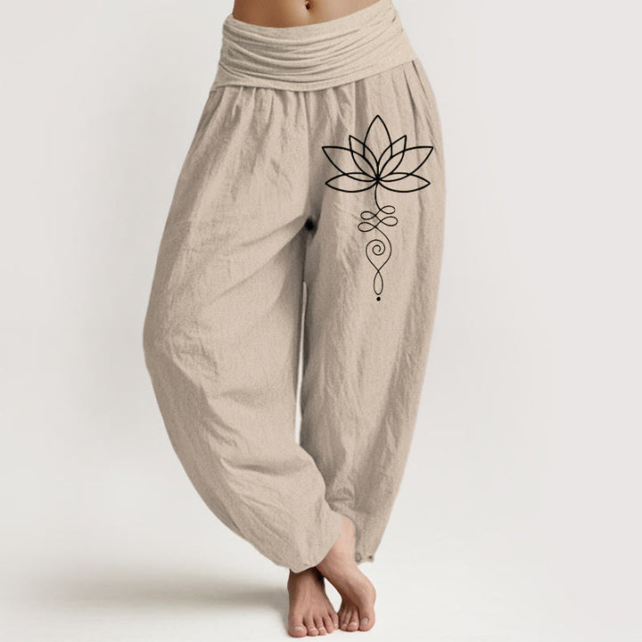 Buddha Stones Lotus Unalome Symbol Pattern Women's Elastic Waist Harem Pure Cotton Pants - Tan - US22，UK/AU26，EU54 (6XL) - image 0
