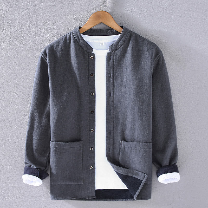 Buddha Stones Men's Stnad Collar Long Sleeve Thermal Fleece-lined Ramie Jacket With Pockets - LightSlateGray - US/UK/AU42，EU52 (3XL) - image 2
