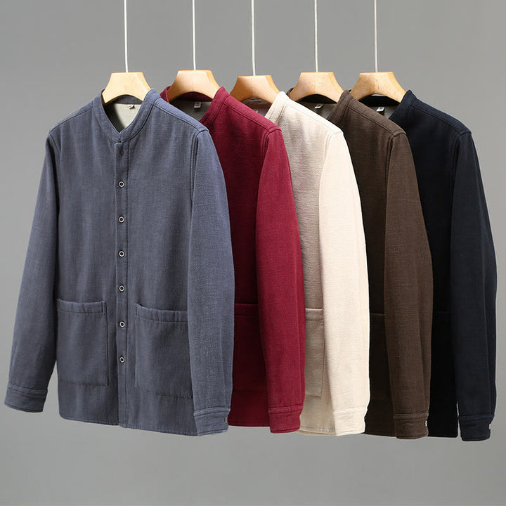 Buddha Stones Men's Stnad Collar Long Sleeve Thermal Fleece-lined Ramie Jacket With Pockets - image 17