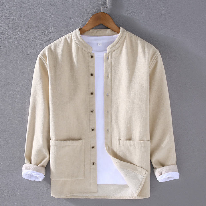 Buddha Stones Men's Stnad Collar Long Sleeve Thermal Fleece-lined Ramie Cotton Jacket With Pockets - Beige - US/UK/AU42，EU52 (3XL) - image 4