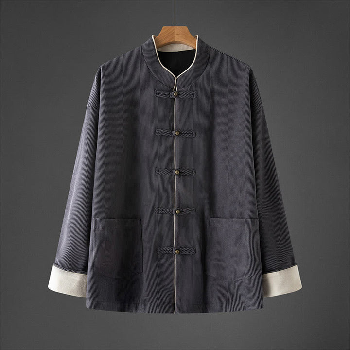 Buddha Stones Men's Frog-Button Mandarin Collar Long Sleeve Cotton Jacket Tang Suit With Pockets - SlateGray - US/UK/AU46，EU56 (5XL) - image 0