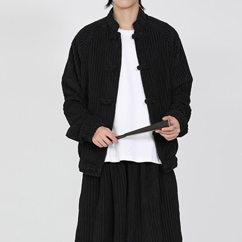 Buddha Stones Men's Chinese Plain Frog-Button Long Sleeve Cotton Corduroy Jacket With Pockets - image 5