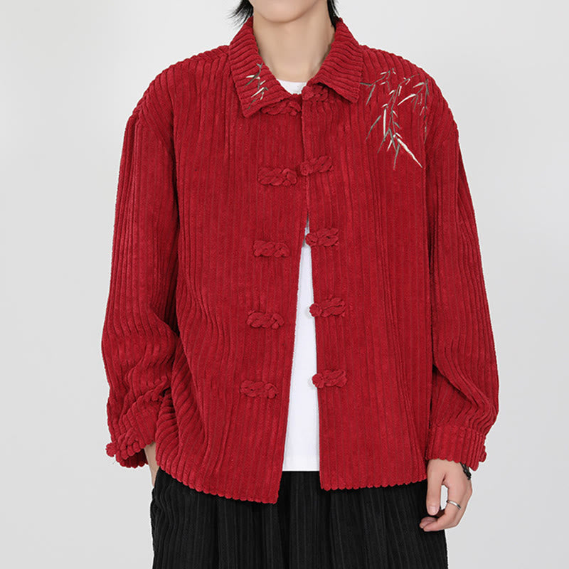 Buddha Stones Embroidery Bamboo Pattern Frog-Button Desgin Long Sleeve Men's Cotton Corduroy Jacket - image 12