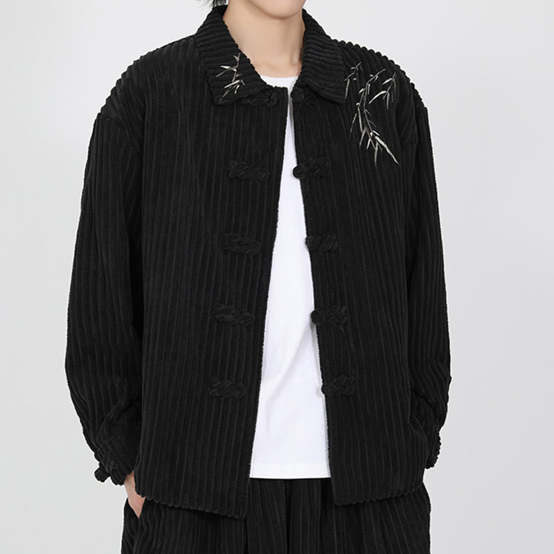 Buddha Stones Embroidery Bamboo Pattern Frog-Button Desgin Long Sleeve Men's Cotton Corduroy Jacket - image 5