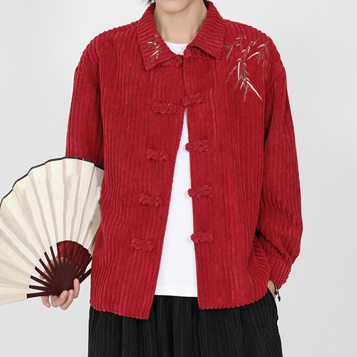 Buddha Stones Embroidery Bamboo Pattern Frog-Button Desgin Long Sleeve Men's Cotton Corduroy Jacket - image 14