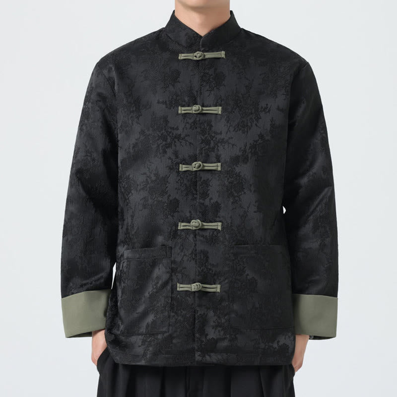 Buddha Stones Jacquard Frog-Button Long Sleeve Men's Cotton Jacket Tang Suit With Pockets - Black - US/UK/AU46，EU56 (5XL) - image 0