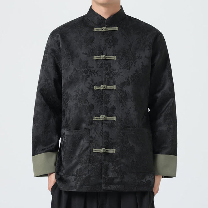 Buddha Stones Jacquard Frog-Button Long Sleeve Men's Cotton Jacket Tang Suit With Pockets - Black - US/UK/AU46，EU56 (5XL) - image 0