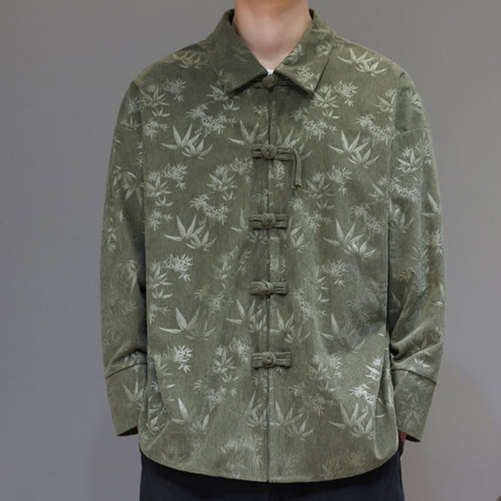 Buddha Stones Jacquard Leaves Pattern Frog-Button Long Sleeve Men's Cotton Tang Suit Jacket - image 22