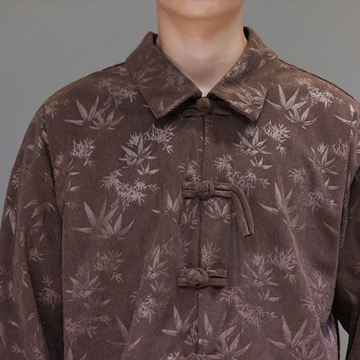 Buddha Stones Jacquard Leaves Pattern Frog-Button Long Sleeve Men's Cotton Tang Suit Jacket - image 34